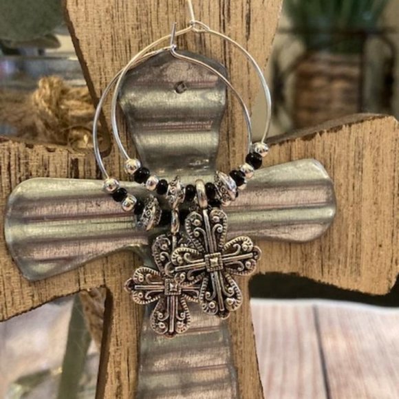 Beaded Cross Hoop Earrings - Picture 3 of 8